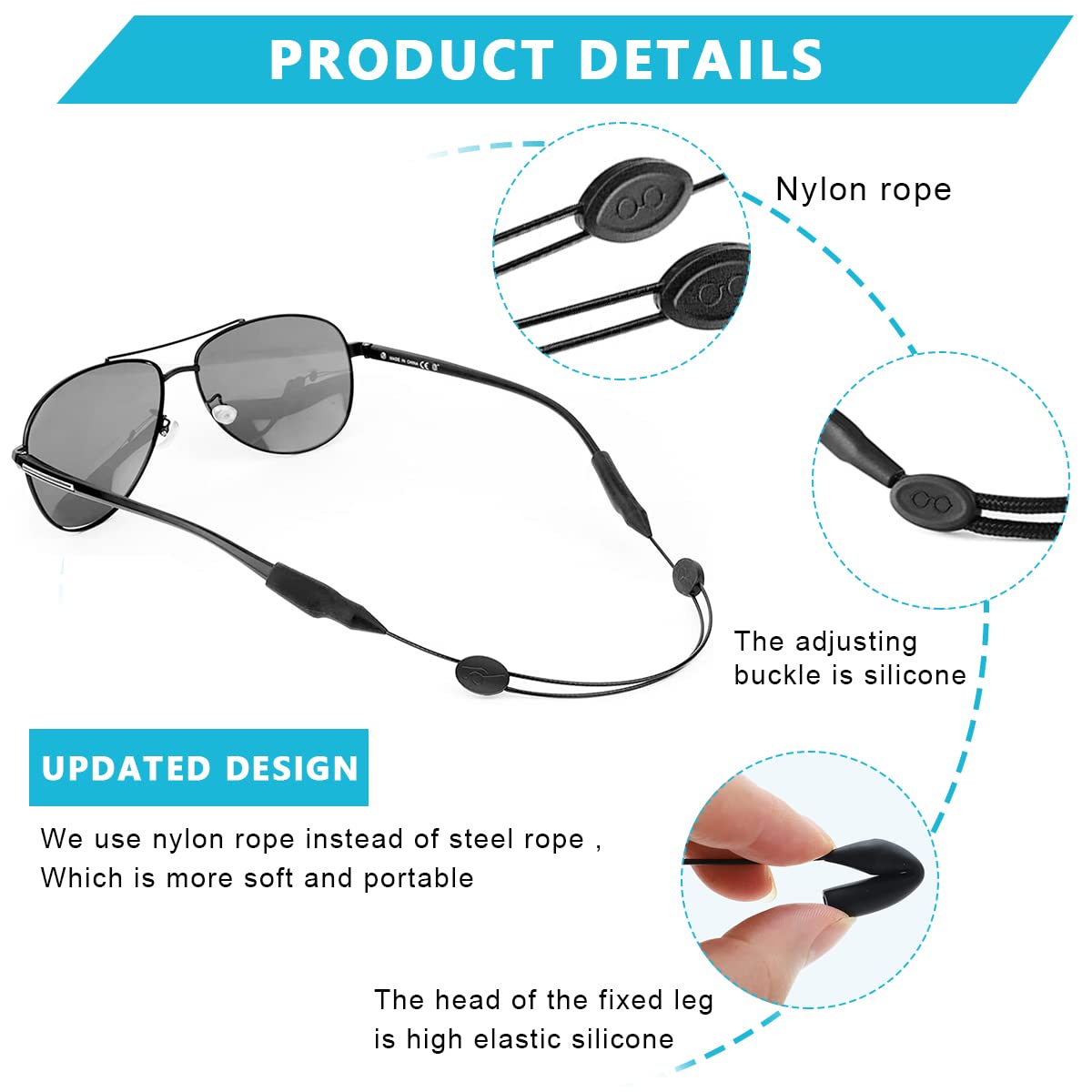 3pcs Adjustable Eyeglasses Straps, Anti-Slip No Tail Glasses Strap Retainer, Sports Sunglasses Strap, Silicone Eyewear String Holder Chain for Women Men Boy Girl