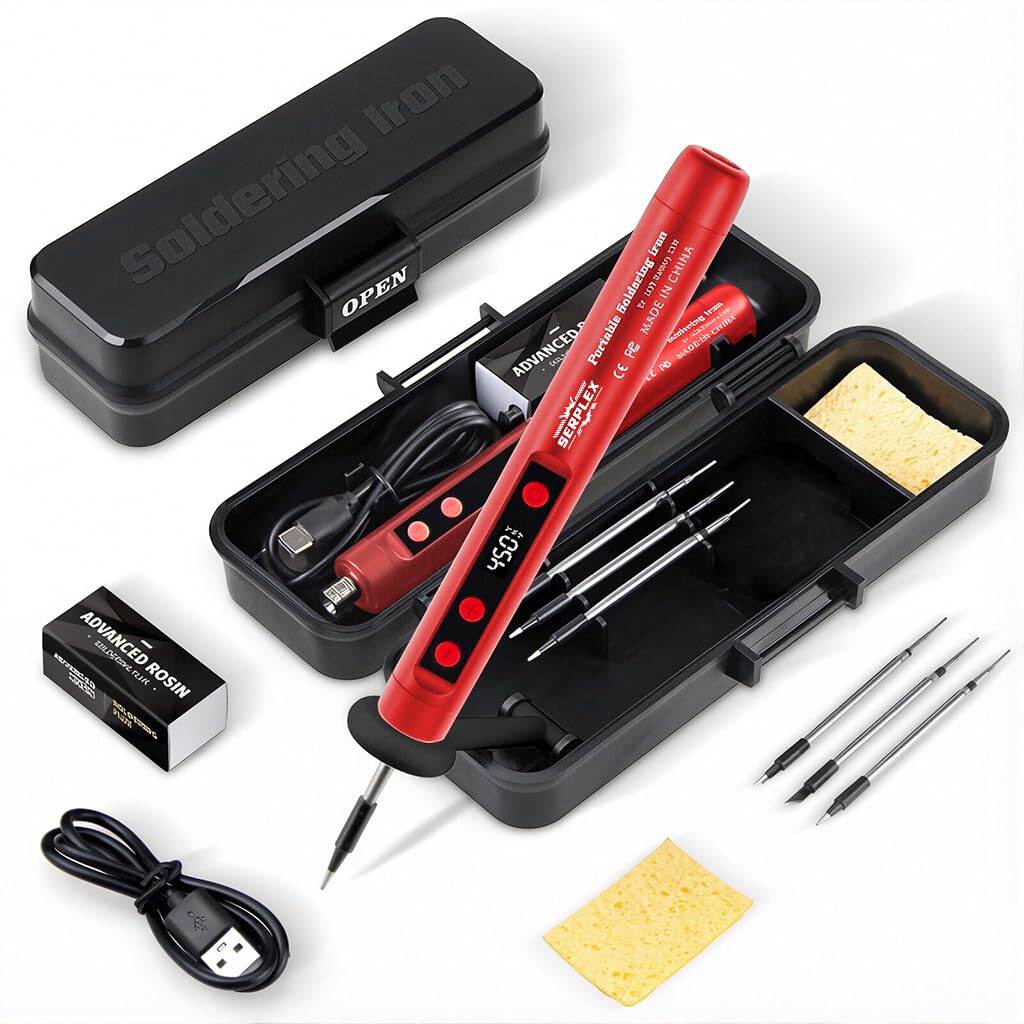 HASTHIP® 15W LCD Cordless Soldering Iron Kit 1100mAh Rechargeable, 180-450°C Adjustable Temperature, with 2 Replacement Tips, for Electronics Repair, DIY Crafts, Welding Tool Set-Red