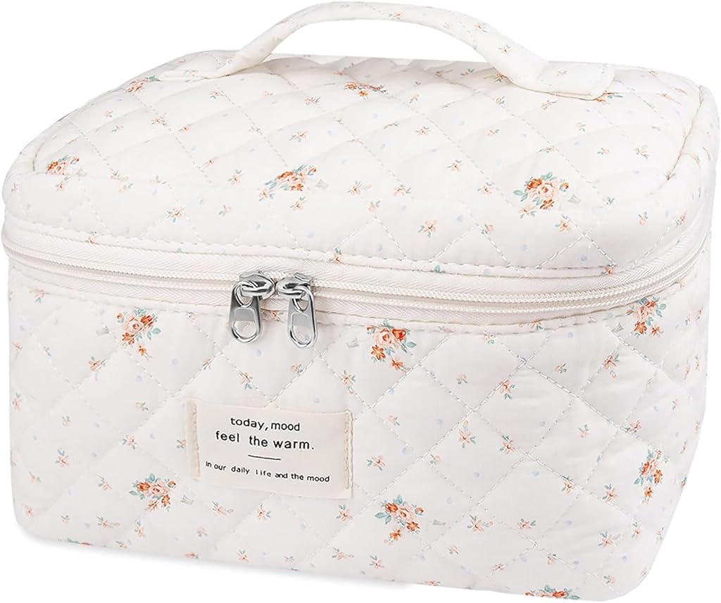 HASTHIP® Makeup Bag for Women Quilted Cotton Make Up Bag Travel Large Cosmetic Organizer Floral Toiletry Bags Makeup Pouch for Purse-White