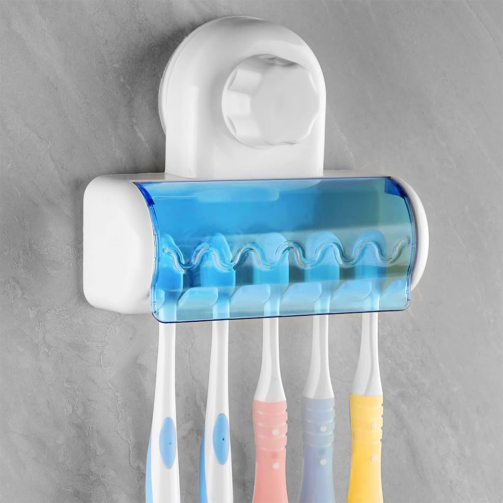 HASTHIP Toothbrush Holder for Bathroom with 5 Slot Dustproof Cover and Suction Mount | Family Organizer