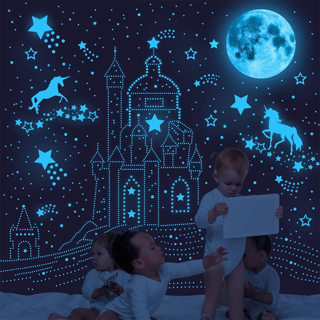 HASTHIP Glow in The Dark Unicorn Wall Decals for Kids Room with 893 Luminous Stickers | Non Toxic Waterproof Fairy Bedroom Decor