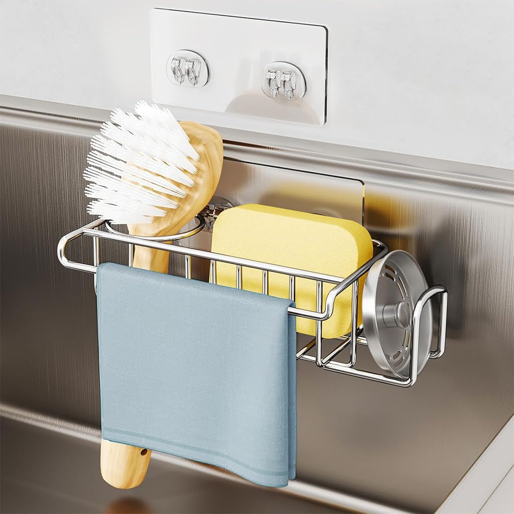 HASTHIP® Kitchen Sink Organizer No Drill Adhesive Stainless Steel Wall Wire Sink Rack Storage Organizer Dish Towel Rack Drain Rack 21.5x9x6 cm