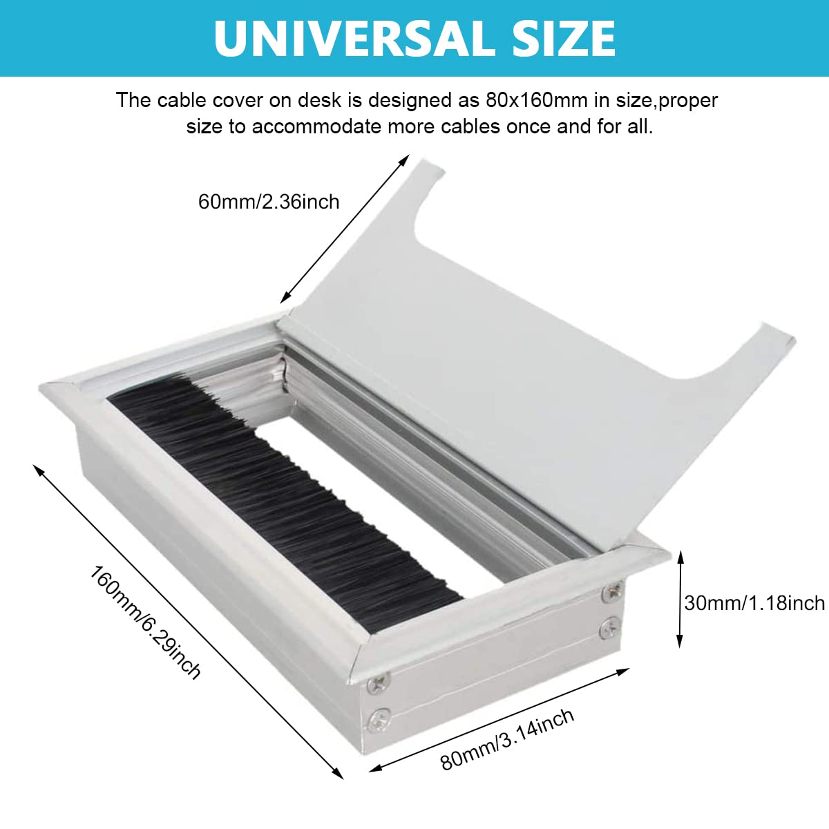 HASTHIP Rectangular Wire Cable Hole Cover for Office Desk with Flip Lid and Brush 160x80mm Aluminum Silver