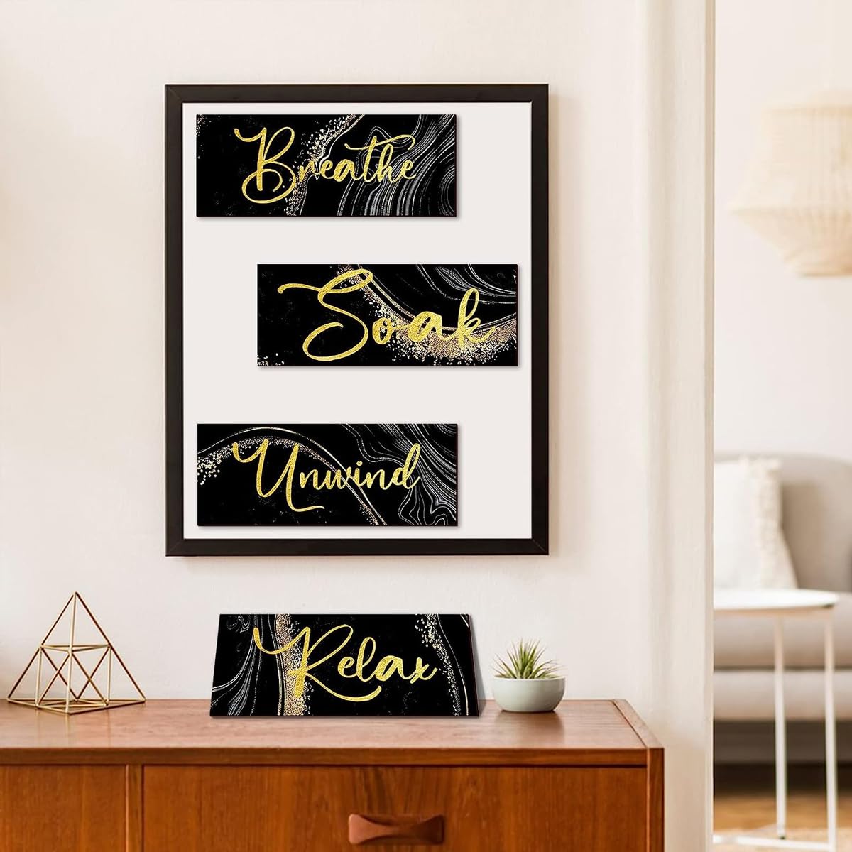 HASTHIP Wooden Wall Hangings for Home Decoration featuring 4 pcs 10 x 4 in Rustic Signs | Relax Soak Unwind Breathe Decor