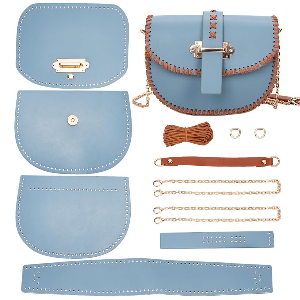 HASTHIP DIY Leather Shoulder Bag Kit for Beginners with Pre Cut Pieces and Metal Chain | Blue Handmade Purse Making Set