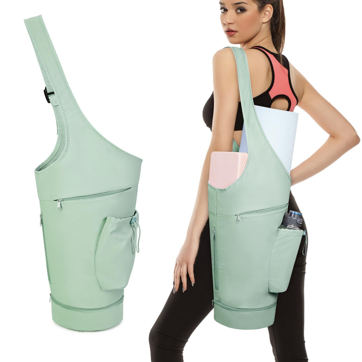 HASTHIP® Bolsa de Yoga Larga con Gran Apertura,Porta Esterilla de Yoga con Bolsillo Impermeable para Artículos Húmedos,Bolsillo Botella Cordón y Correa Ajustable Organizador Accesorios