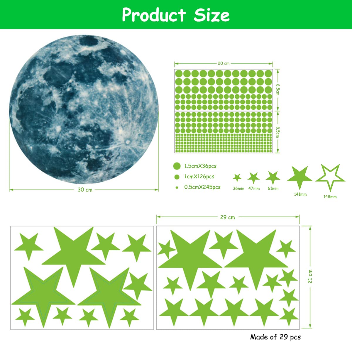 HASTHIP 3D Luminous Wall Stickers for Kids Room with 30cm Moon and 435pcs Stars | Waterproof PVC Night Glow Decoration