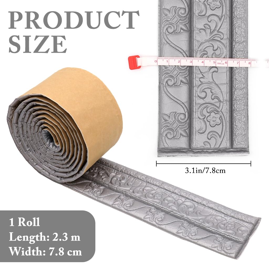 HASTHIP Peel Stick 3D Wall Edging for Living Rooms featuring 2.3 m x 7.8 cm XPE Foam | Silver Gray Trim