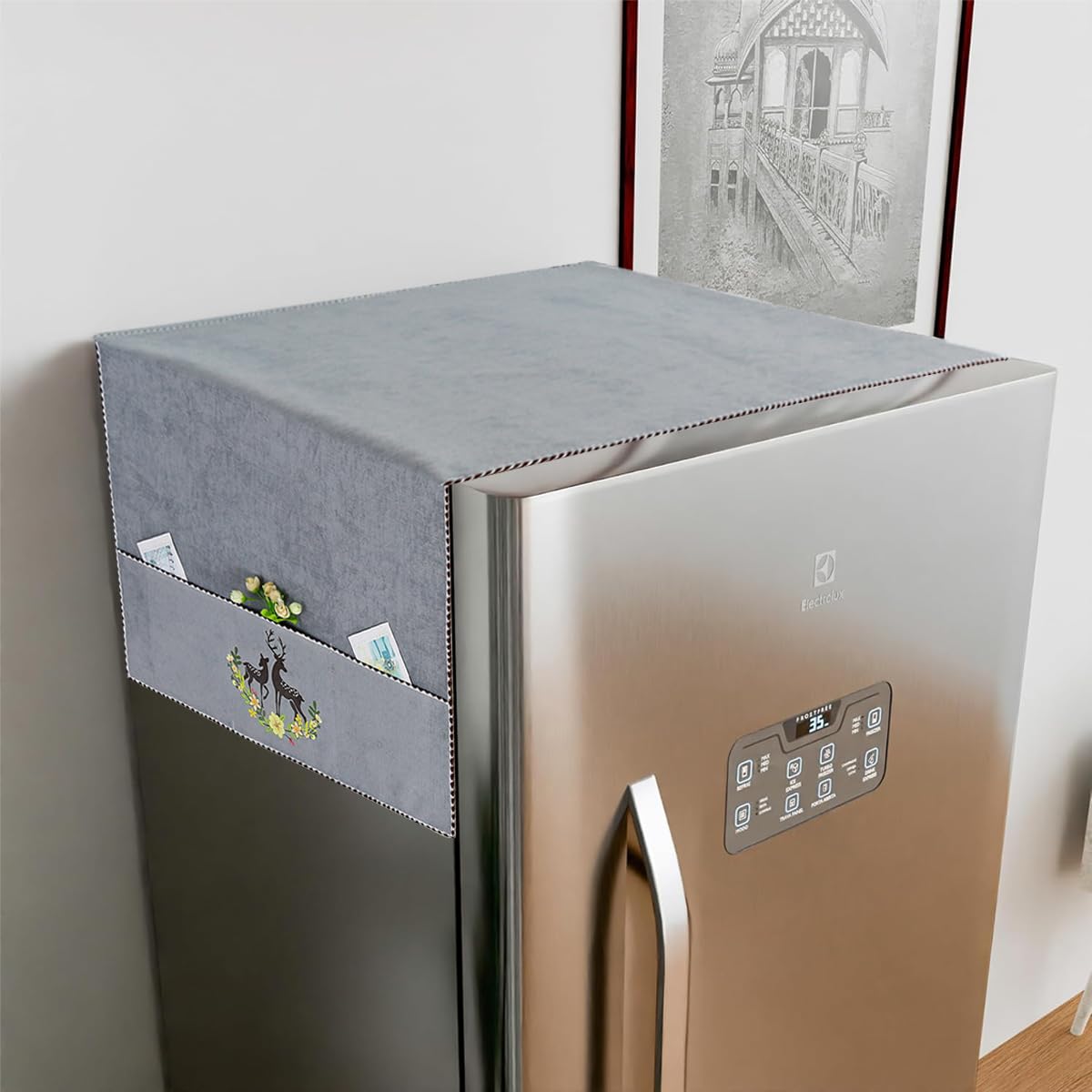 HASTHIP Fridge Dust Proof Cover for Double Door Use with Side Pockets 21.6 x 55 in Grey | Chenille Plush Design