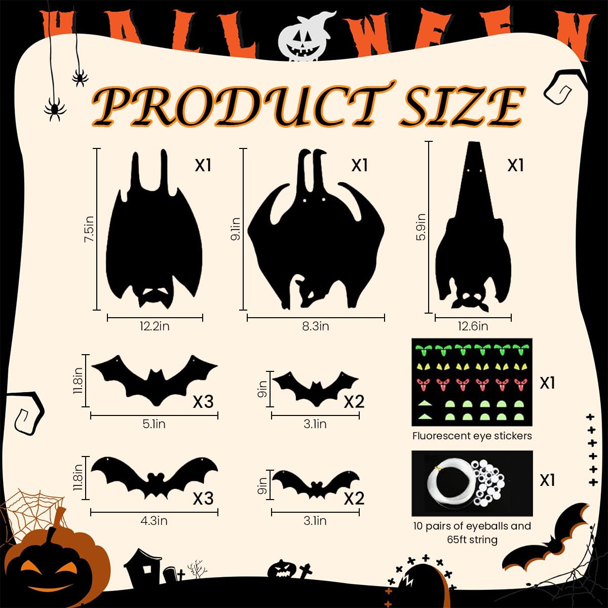 HASTHIP Halloween Home Decorations for Party with 13 Bats & Glow-in-the-Dark Eyes | PVC Wall and Tree Hanging Decor
