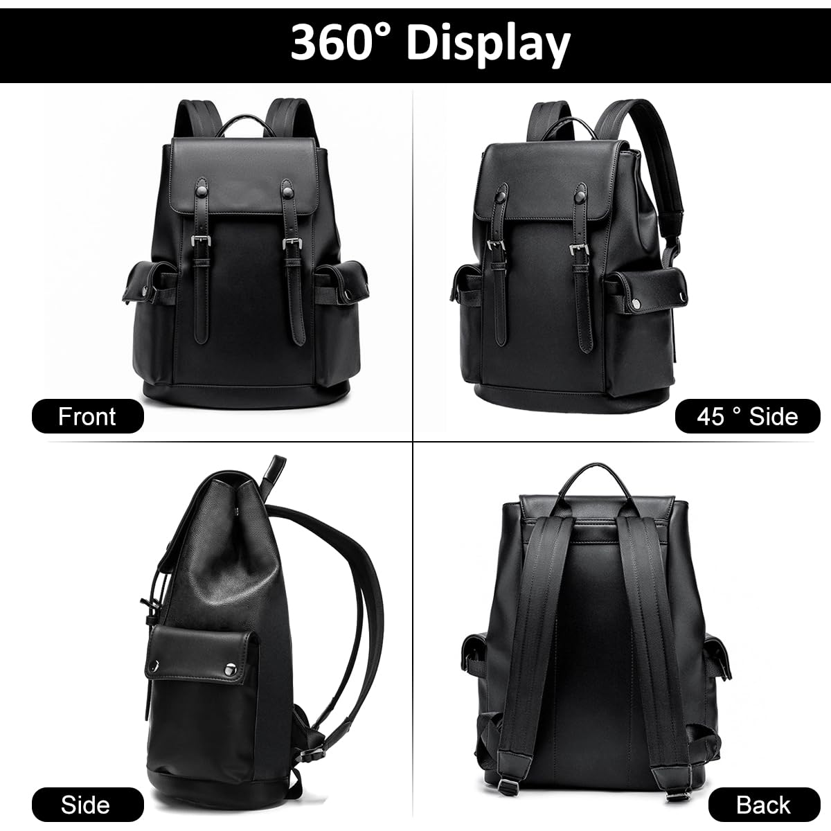 HASTHIP® Leather Backpack for Men Black Laptop Computer Backpack Large Capacity Business Ladies Retro Leisure Travel Backpack