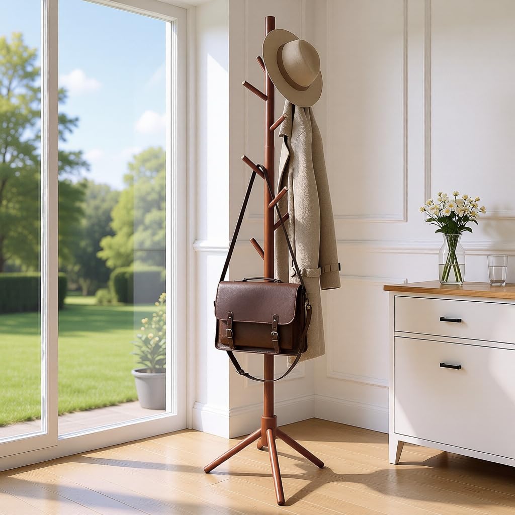 HASTHIP® Solid Wood Coat Hanger, 67.7'' Minimalist Cloth Stand for Bedroom, Coat Stand with 8 Twig Hooks, Freestanding Clothes & Hat Hanger