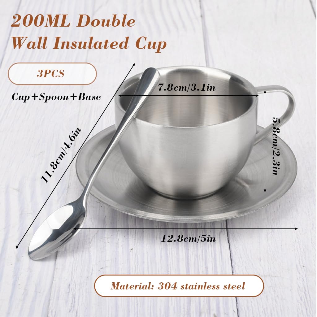 HASTHIP® Stainless Steel Coffee Cup Set, 6oz/180ml Double Wall Insulated Espresso Mugs with Saucer and Spoon, Durable Reusable Coffee Cups for Latte Cappuccino Milk Tea, Dishwasher Safe Silver