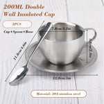 HASTHIP® Stainless Steel Coffee Cup Set, 6oz/180ml Double Wall Insulated Espresso Mugs with Saucer and Spoon, Durable Reusable Coffee Cups for Latte Cappuccino Milk Tea, Dishwasher Safe Silver