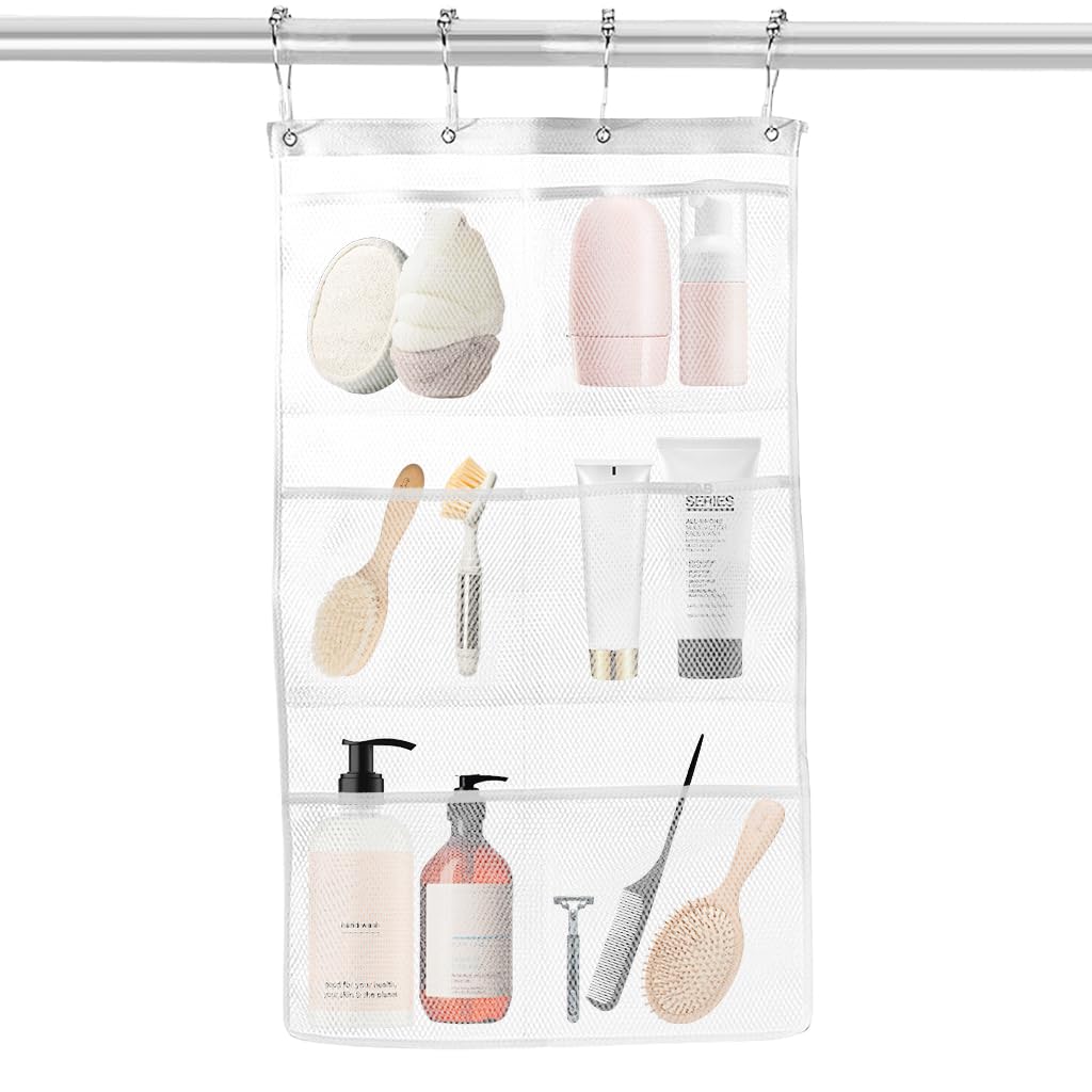 HASTHIP Mesh Shower Caddy Organizer with 6 Pockets and Metal Hooks featuring Quick Drying Mesh | White Bathroom Storage
