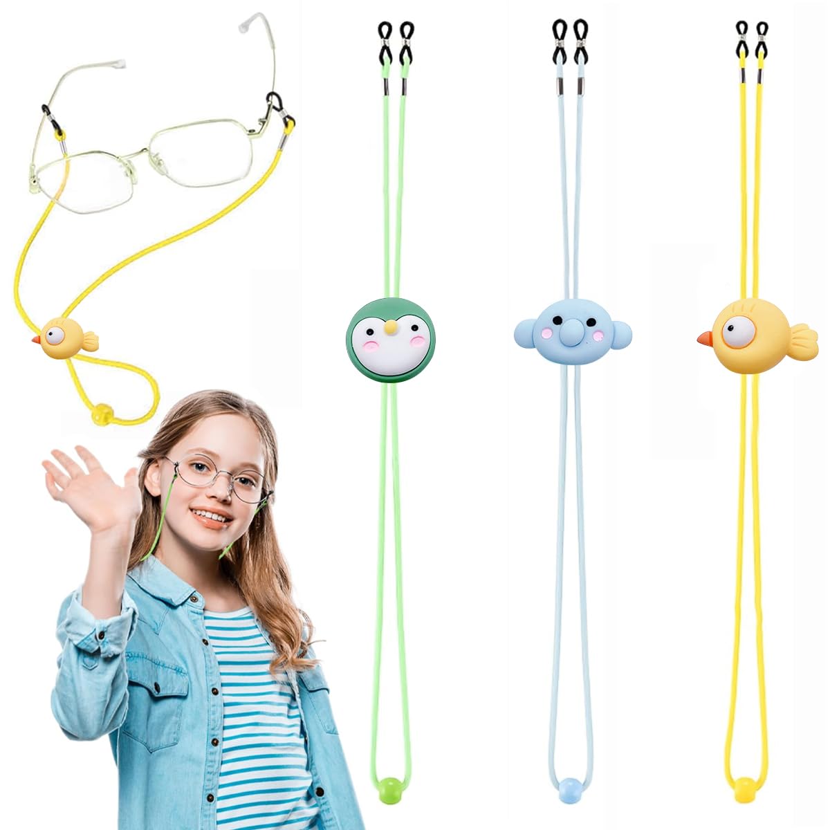 HASTHIP® Correa Gafas Niños 3 Pack Ajustable 12-20 Pulgadas Cordón Elástico Antideslizante con Dibujos Divertidos, Soporte Universal para Gafas Deportivas y Actividades al Aire Libre