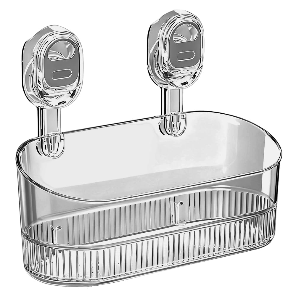 HASTHIP® No-Drill Bathroom Suction Storage Box, Large Capacity Strong Load-Bearing Suction Cup Storage Rack with Drain Holes, Removable Shower Caddy Hanging Wall Mount Kitchen Organizer-Transparent