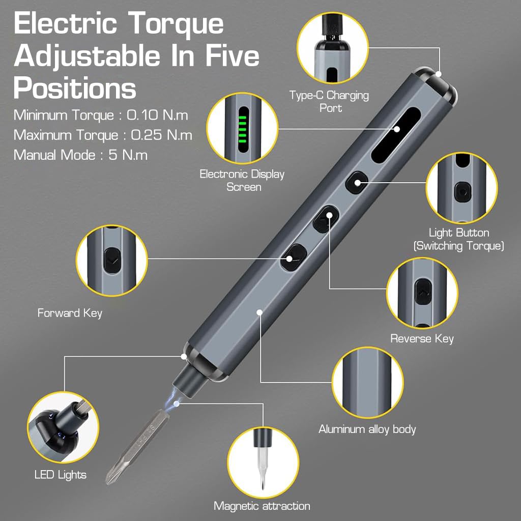 HASTHIP® Electric Screwdriver, Precision Screwdriver Set, 68 in 1 Electric Screwdriver Kit with 64 Magnetic Bits, 5 Adjustable Torques & LED USB, for Watches, Phones, Laptops, Cameras Repair Kit
