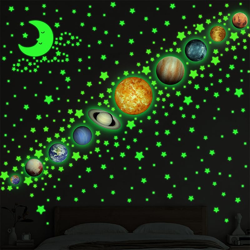 HASTHIP Glow in The Dark Wall Stickers for Kids Room with 520 pcs Solar System Set | Self Adhesive Fluorescent Green Decoration
