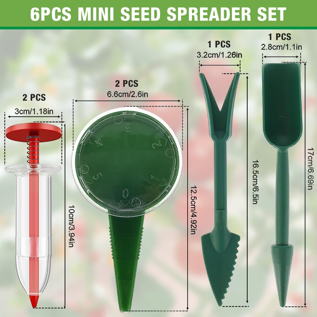 HASTHIP Mini Seed Spreader Set for Gardening with 6 Pcs Tools featuring Adjustable Dispensers | Includes Dibble Stick and Seeding Trowel