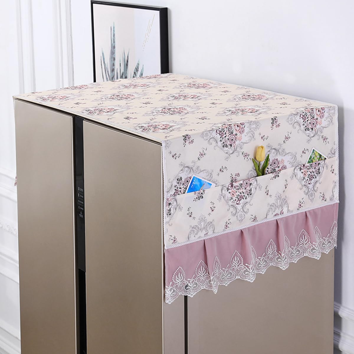 HASTHIP Refrigerator Cover for Double Door Fridge with Floral Print Lace Hem | 27.6 x 67 in Dust Proof 2PCS