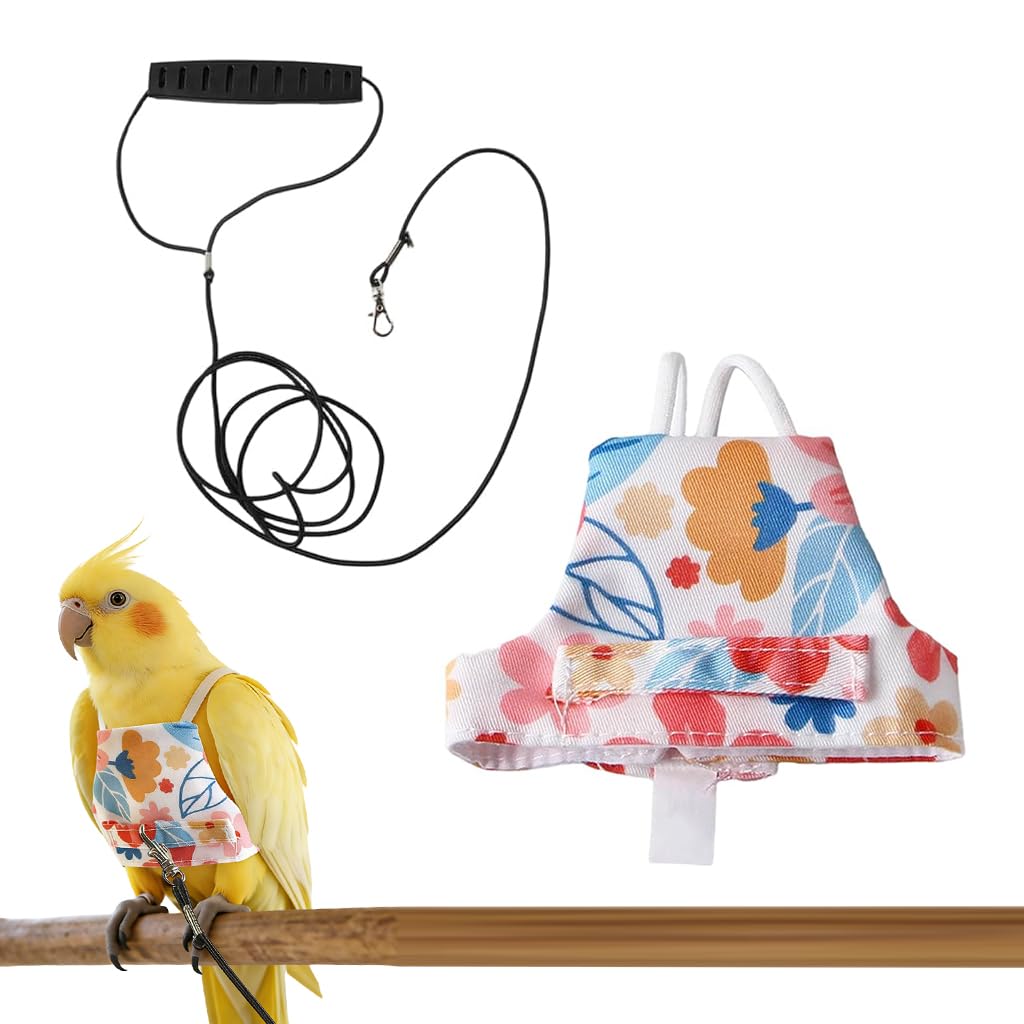 HASTHIP® Parrot Harness Floral Bird Harness, Adjustable Bird Harness Leash, 51'' Elastic Cord, Hook and Loop Closure, Non-escape Shoulder Strap, Flying Bird Clothing for Macaws Sparrow and Parakeet, L