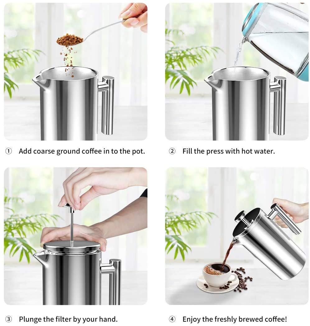 French Press Coffee Maker 800ML Double Insulated 304 Stainless Steel Coffee Maker with 4 Level Premium Filtration System, Rust-Free, Dishwasher Safe
