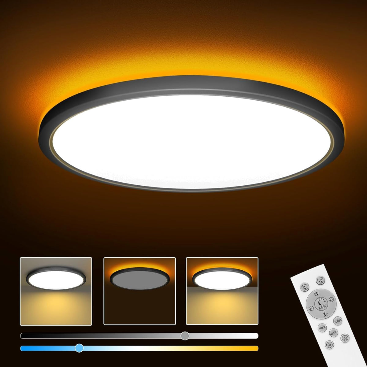 HASTHIP® Lámpara de Techo LED Regulable 12 Pulgadas con Control Remoto, 24W 3CCT 3000K-6500K Luz Nocturna 1800K, 2800LM, Ahorro de Energía, Plástico Negro Redondo IP65 para Dormitorio, Cocin