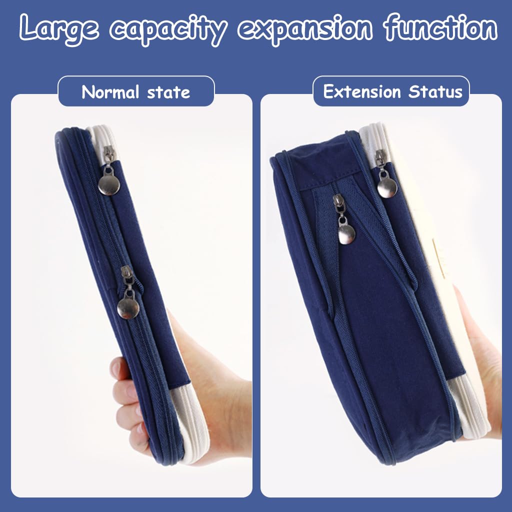 HASTHIP Pencil Pouch for School and Office with Double Zipper Compartments 22x11 cm | Navy Blue Nylon Case