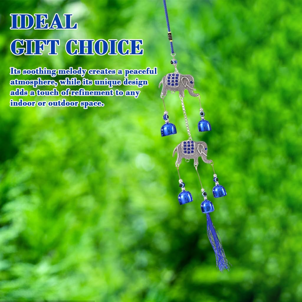 HASTHIP Elephant Wind Chimes for Balcony with 5 Blue Metal Bells | Good Luck Home Decor