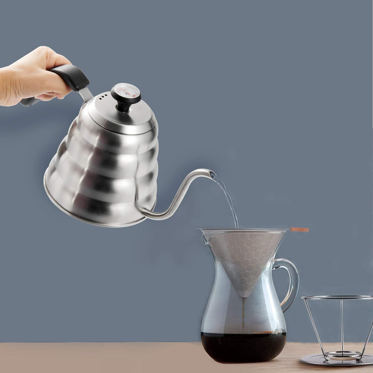 HASTHIP Pour Over Gooseneck Coffee Kettle with Thermometer and 1200ml 3 Layer Stainless Base | For Home Café and Travel Brewing
