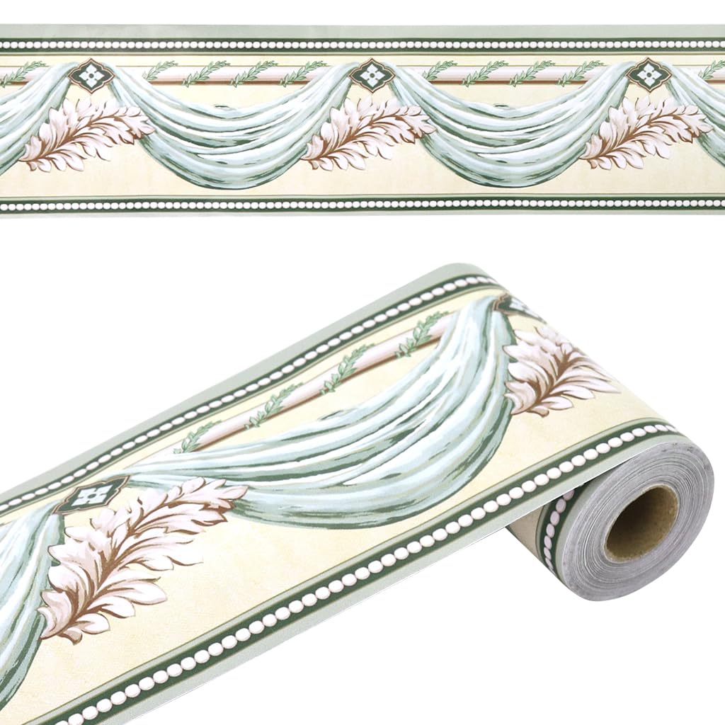 HASTHIP® Wall Border Sticker - 3.9''×29.5 Ft Self-Adhesive Floral Trim PVC Frame Sticker, Kitchen Bathroom Waterproof Wallpaper Border Self Adhesive Tiles Sticker for Room Decor, Cupboard (Green)