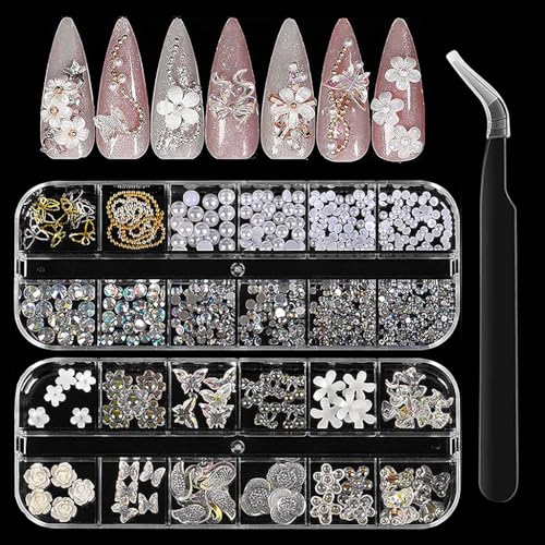 HASTHIP® 3D Nail Charms Crystal Nail Gems for Nail Art, Crystal Bow Nail Art Gems Flat Nail Jewels Decorations Aurora Flowers Chains Nail Stuff for Nail Art Decoration Design DIY Crafting