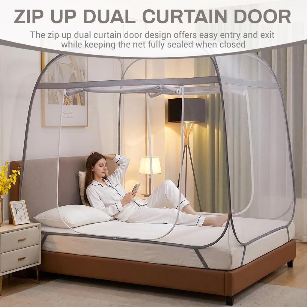 HASTHIP® Double Bed Mosquito Tent Net with Frame,Roofed Fine Mesh Canopy Mosquito Net,No Bottom Design Elastic Strap Fixation Zip-up Dual Door Pop-Up Bed for Bedroom 180x200x145cm