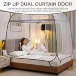 HASTHIP® Double Bed Mosquito Tent Net with Frame,Roofed Fine Mesh Canopy Mosquito Net,No Bottom Design Elastic Strap Fixation Zip-up Dual Door Pop-Up Bed for Bedroom 180x200x145cm