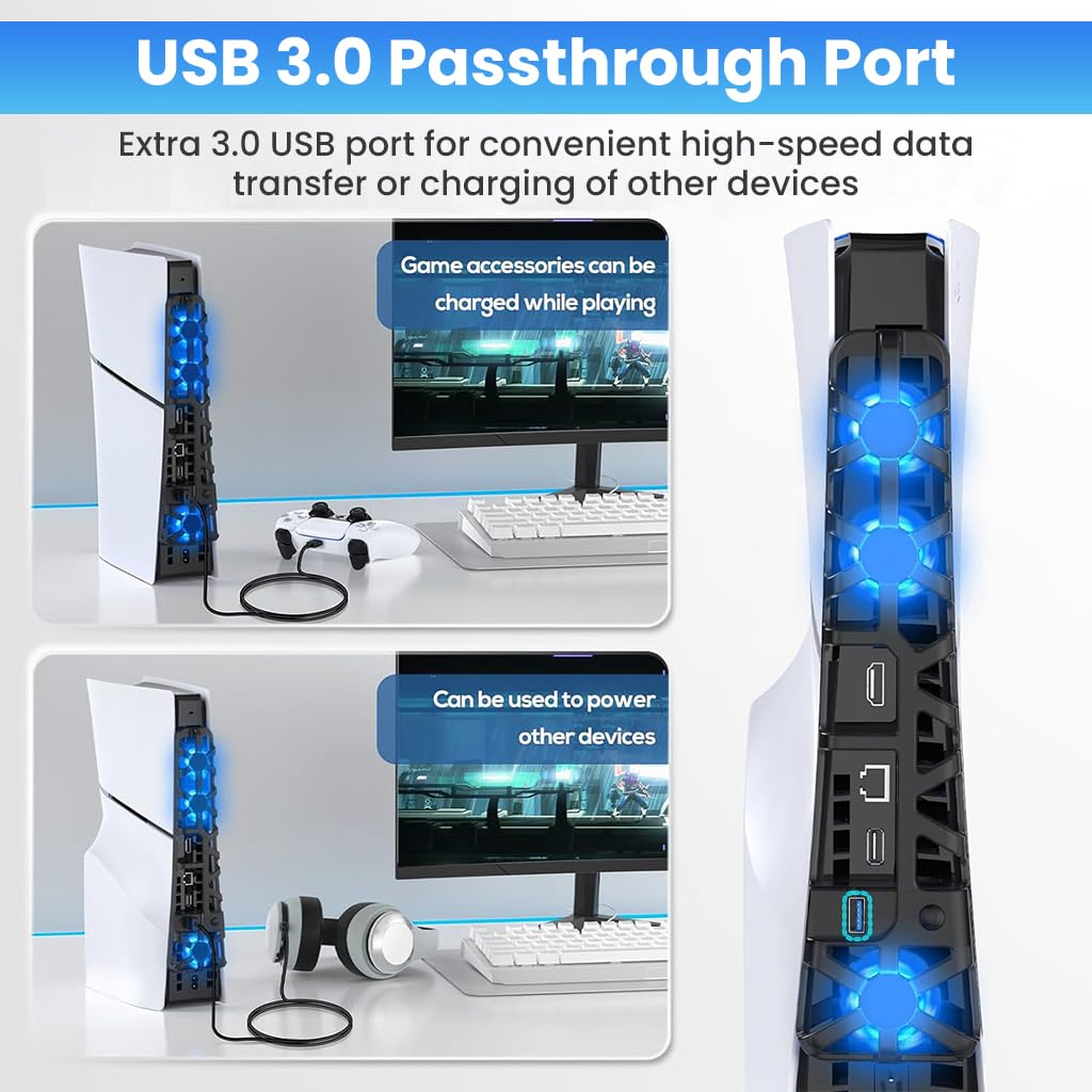 HASTHIP® Ventilador LED para PS5 Slim,Enfriador Silencioso con Memoria,Accesorio con 3 Ventiladores y Puerto USB 3.0 Compatible Consola Digital y de Disco Sistema de Refrigeración