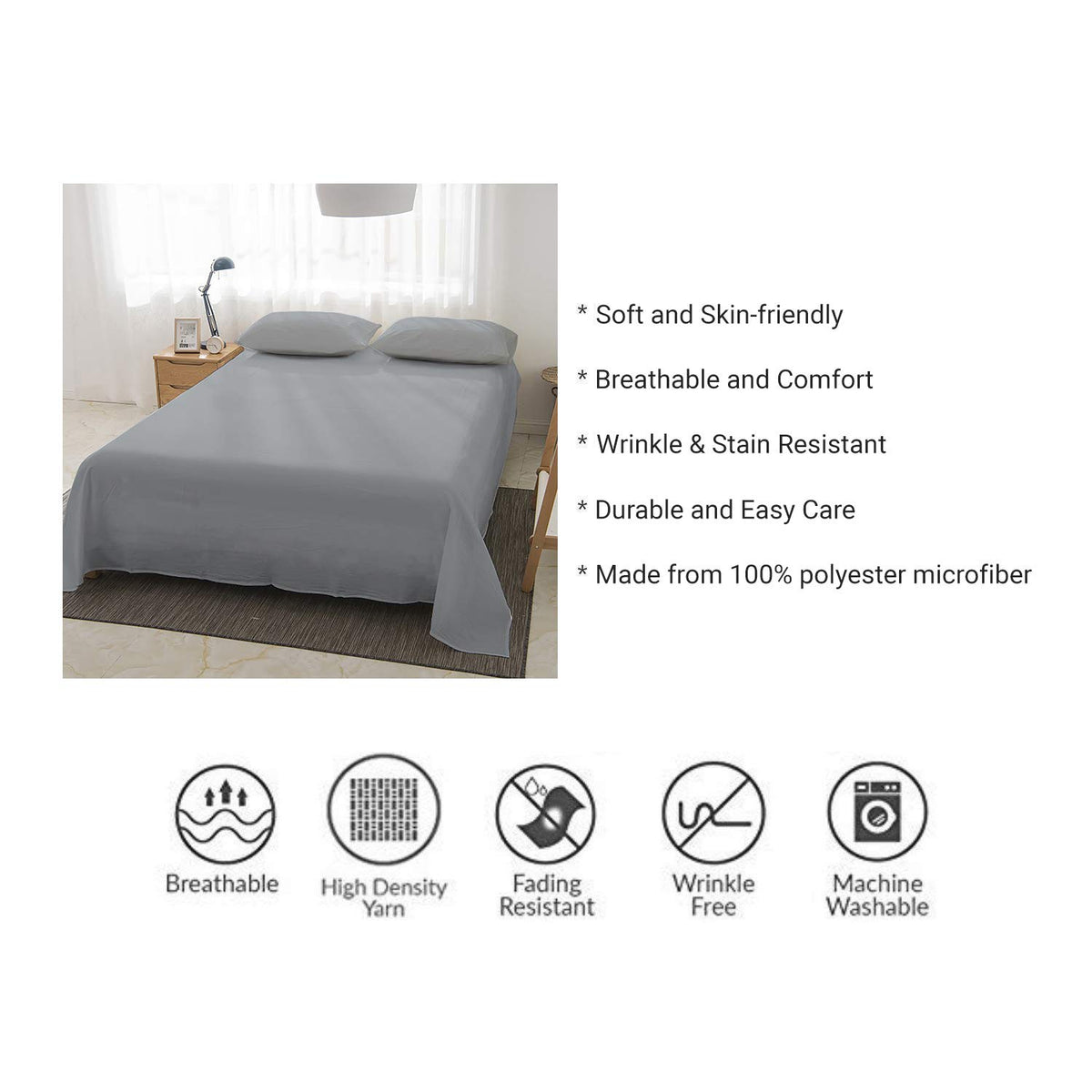 HASTHIP Bed Sheet Set 3 Piece with Flat Sheet and 2 Pillow Covers | Soft Microfiber Queen Light Gray