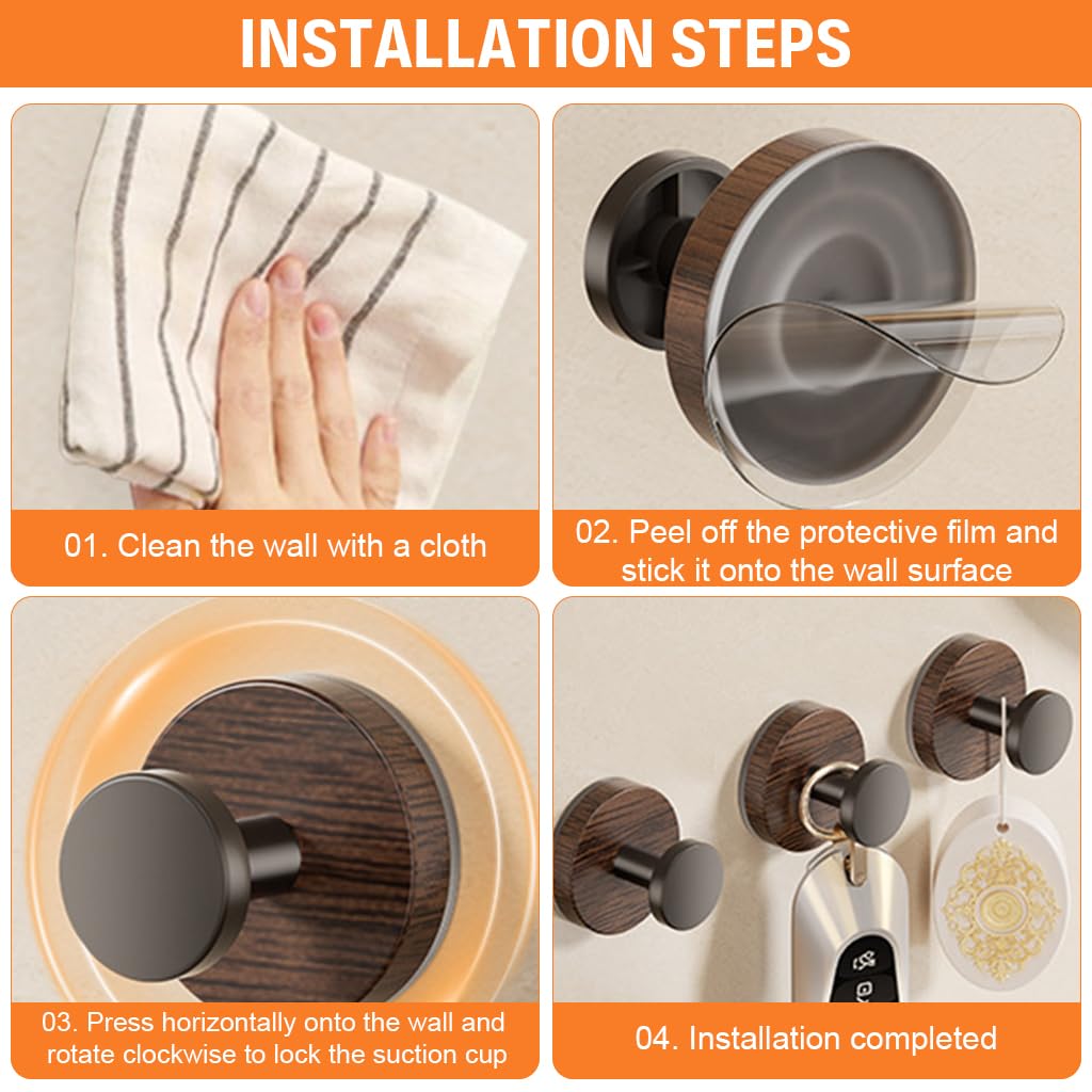HASTHIP Suction Wall Hooks for Bathroom and Kitchen with Strong Hold and Wooden Grain Base | 4Pcs Reusable Organizer