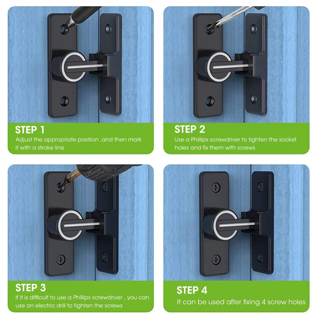 Sliding Door Locks, 90 Degree Heavy Duty Barn Door Lock Hardware with Reflective Strip Mark, Barn Sliding Door Latch Lock Suitable for Garden, Bathroom, Outdoor, Garage, Windo (Black)