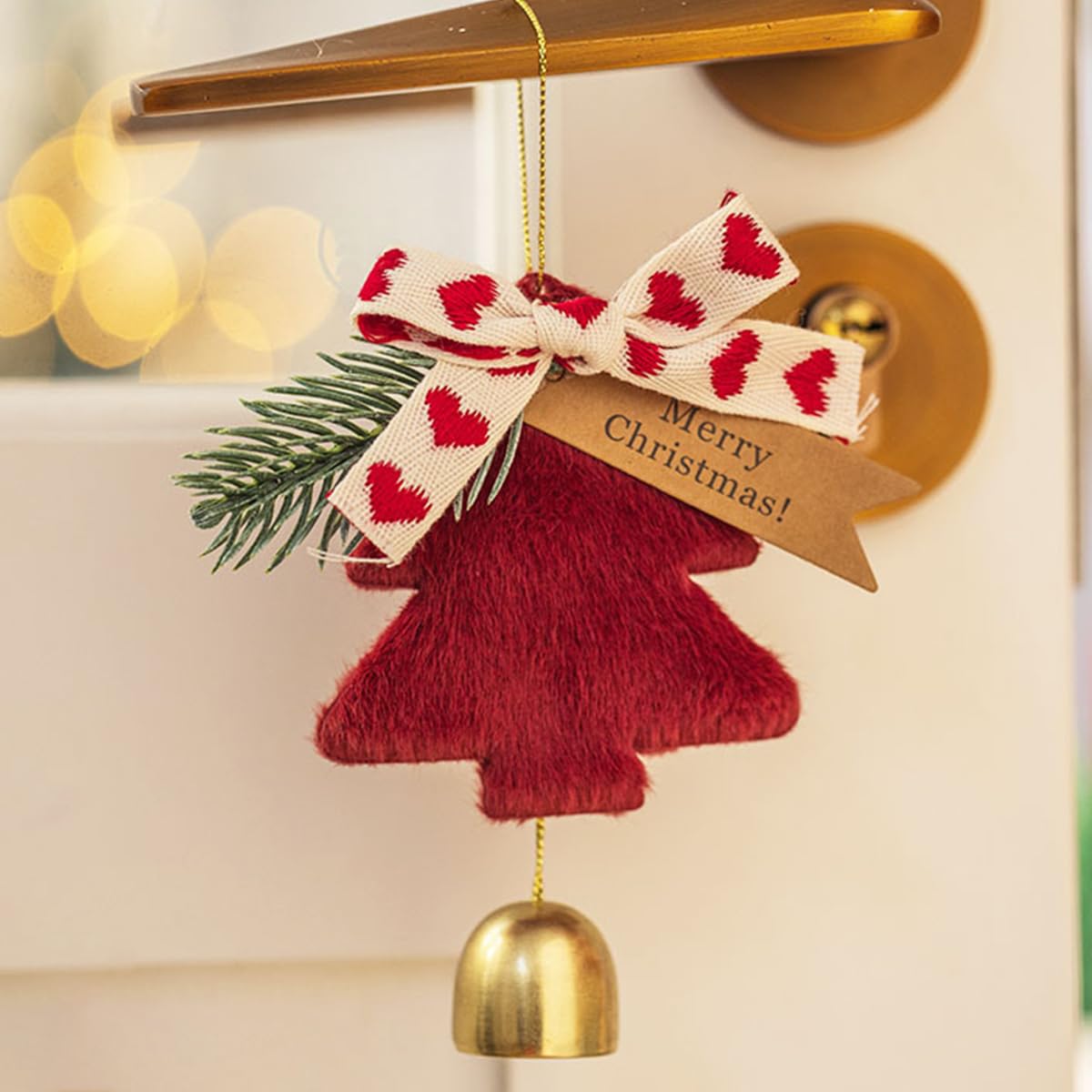 HASTHIP Christmas Tree Ornament for Home and Car Decor featuring Golden Bell and Red Plush 14x23cm