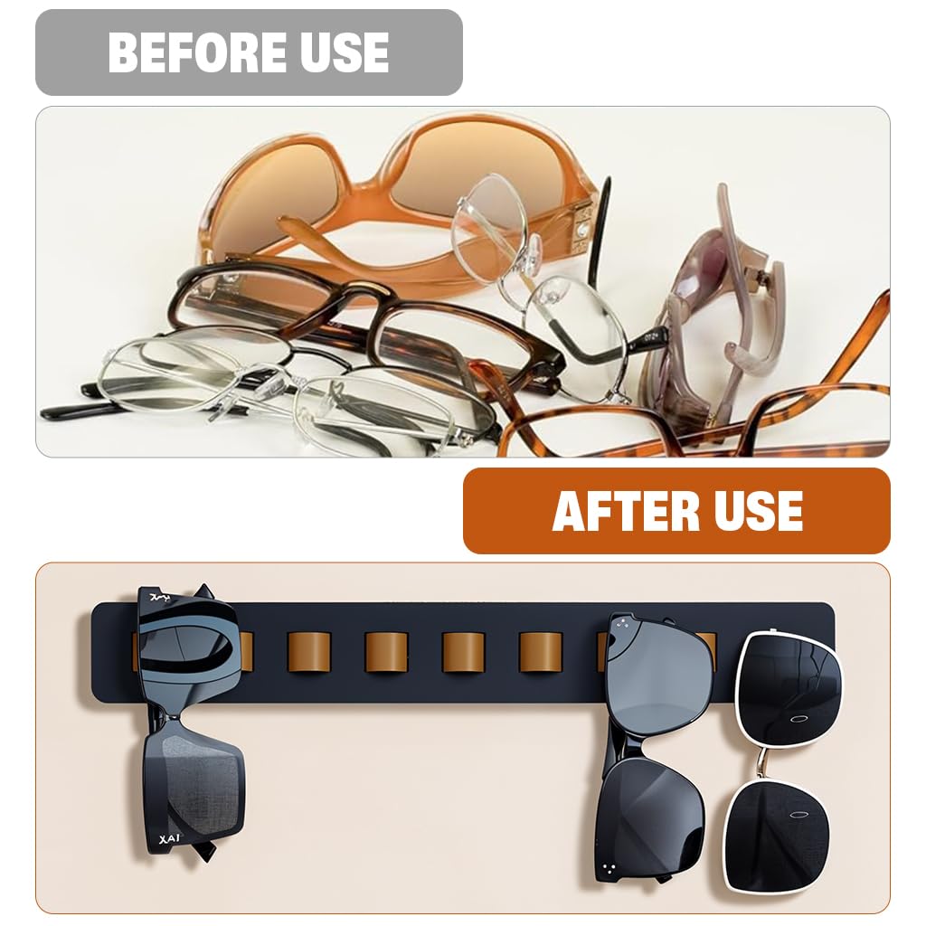 HASTHIP Wall Mounted Sunglasses Organizer for Bedroom with 9 PU Loops and Wooden Rack | No Drill Eyewear Display