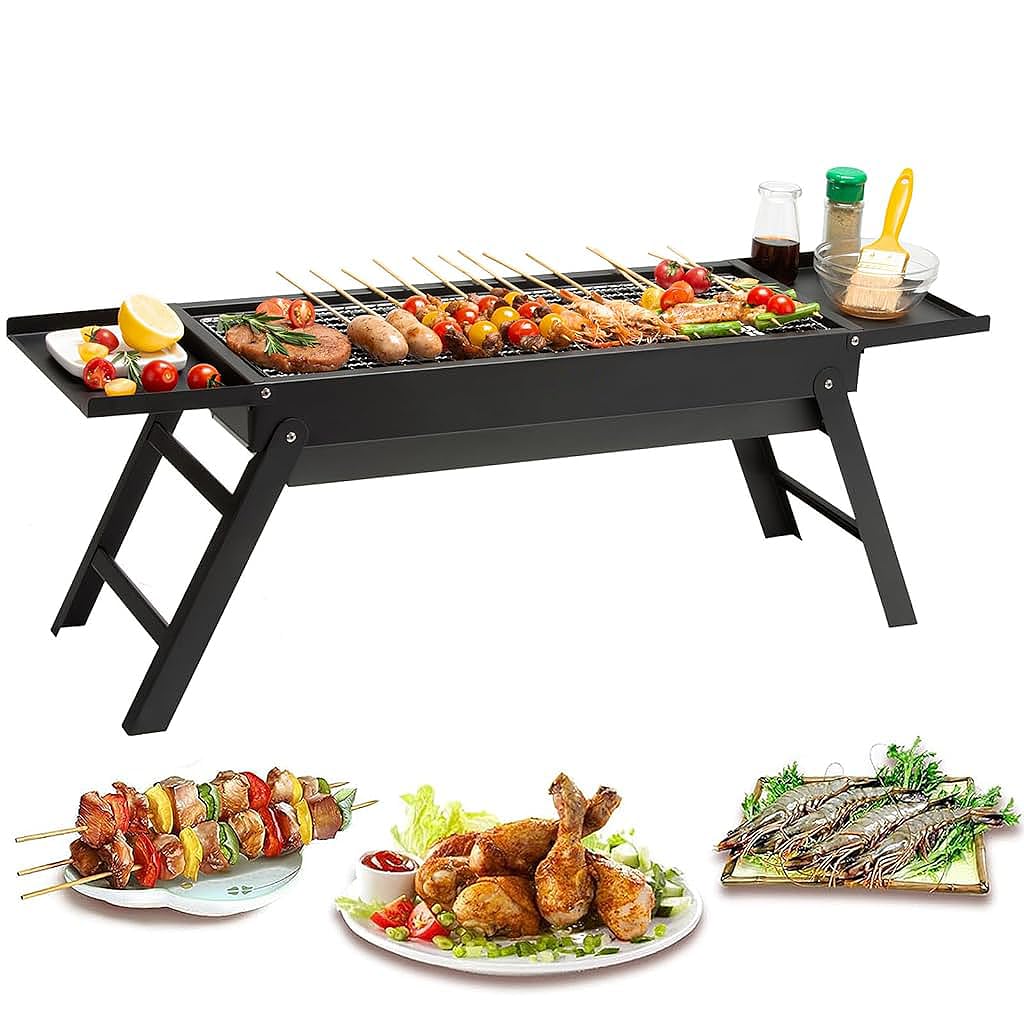 HASTHIP® 60cm Portable and Foldable BBQ Grill Set for Home with Condiment Table, Charcoal BBQ Grill Set for Picnic, Outdoor Camping, Travelling, Backyard