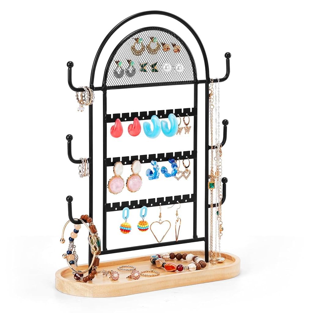 HASTHIP Jewelry Organizer for Desk Use with 3 Tiers 27 Holes 6 Hooks & Wooden Tray | Metal Display Stand for Earrings Necklaces Rings