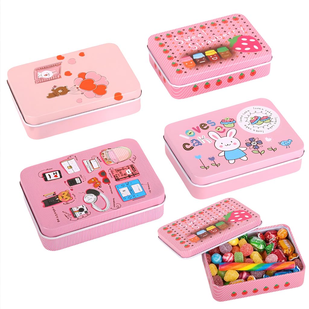 HASTHIP® 4 Pcs Mini Tin Box - Small Pink Box With Lids Rectangle Trinket Tinplate Container Metal Mini Portable Jewellery Boxs for Candies, Earrings, Jewelry, Craft