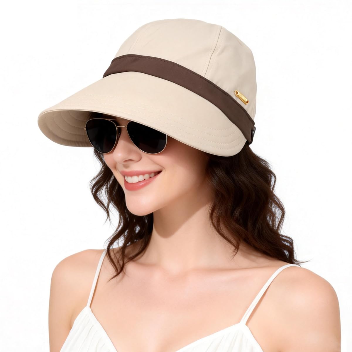 HASTHIP® SANNIDHI Women Sun Cap Fashion Pure Color Wide Brim Hat, Ventilated Crown Outdoor Sun Cap Lightweight Packable UV Protection Cap for Travel, Daily, Hiking, Golfing-Beige