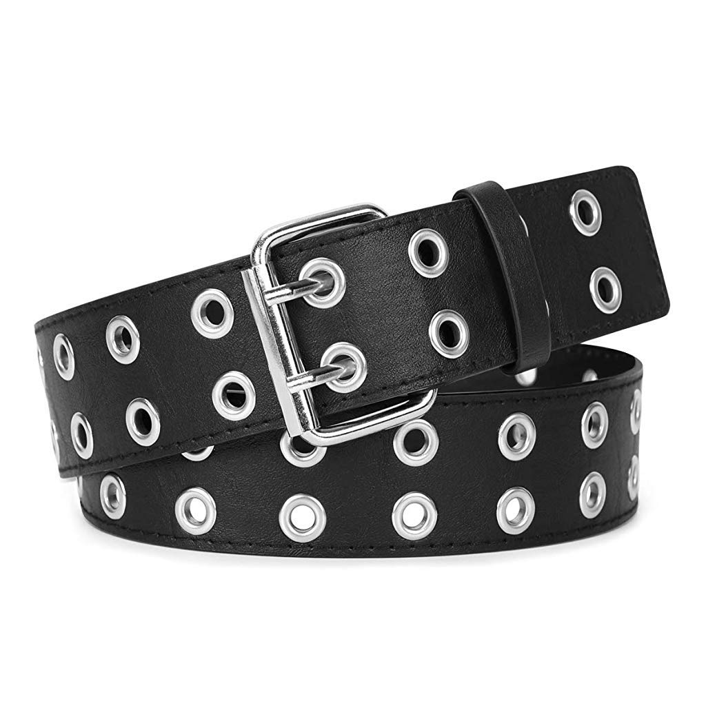 HASTHIP® Cinturón de mujer de cuero gótico con tachuelas,cinturón cintura punk rock con cadena doble,cinturón ajustable para vaqueros vestidos y fiestas accesorios moda negros