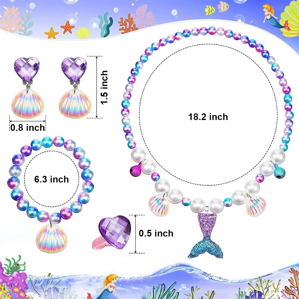 HASTHIP® Mermaid Kids Jewellery Set, Necklace Bracelet for Girls Kids, Jewellery Set for Kids, Mermaid Princess Crown, Earrings and Ring for Girls Birthday Dress up Party, Gift for 5-12 Years Old