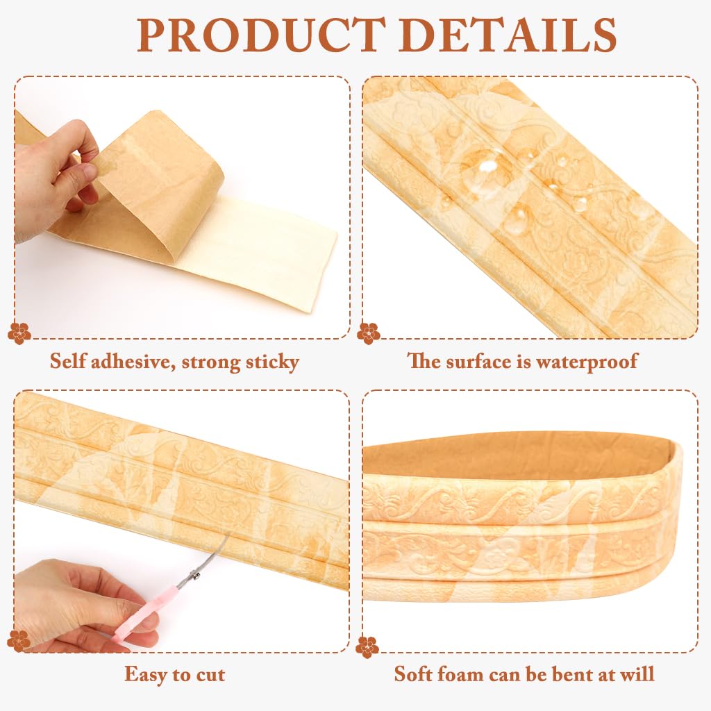 HASTHIP Peel and Stick 3D Foam Molding Trim for Walls with Floral Embossing 2.3 m x 7.8 cm Yellow 2 pcs