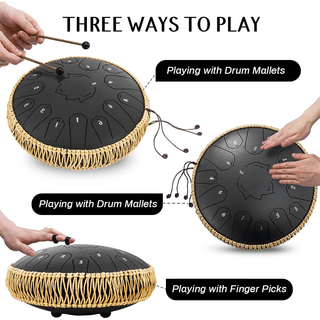 HASTHIP Steel Tongue Drum for Meditation with 15 Notes 13 in Titanium Alloy | Black Handpan Instrument