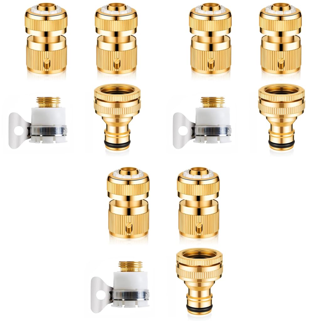 HASTHIP Tap Connector Set for Garden Hose with 12PCS 1/2 and 3/4 Inch Brass Adapters | Quick Connect Fittings